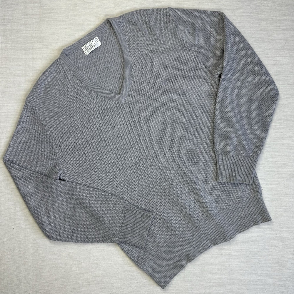 Vtg 80s Christian Dior Sweater V Neck Orlon Acrylic Knit USA Men Size L Gray